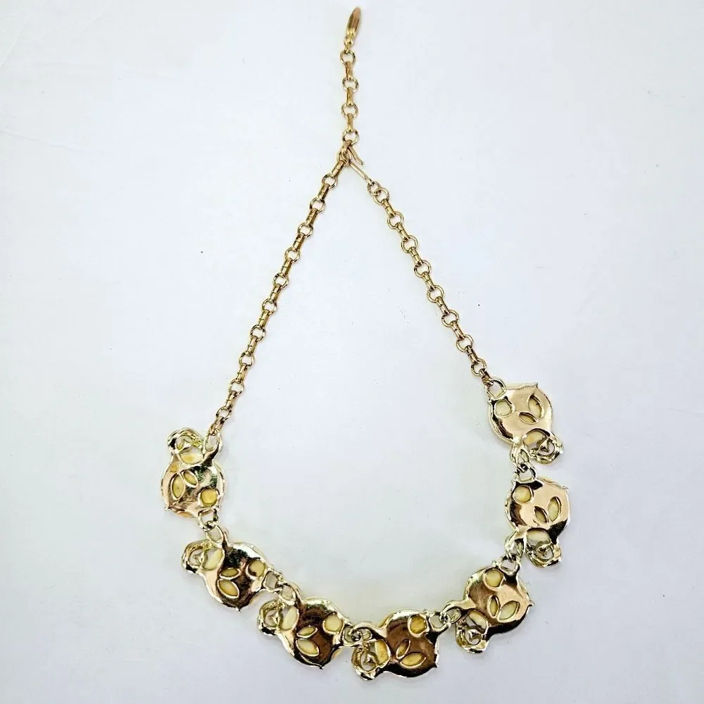 Vintage Signed Coro Confetti Fleck Lucite Cabochon Rhinestone Gold Tone Necklace